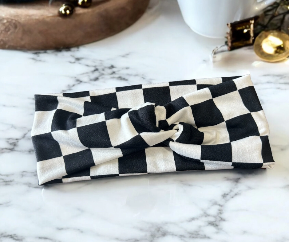 Black and White Checkered Extra Wide DBP Twisted Headband