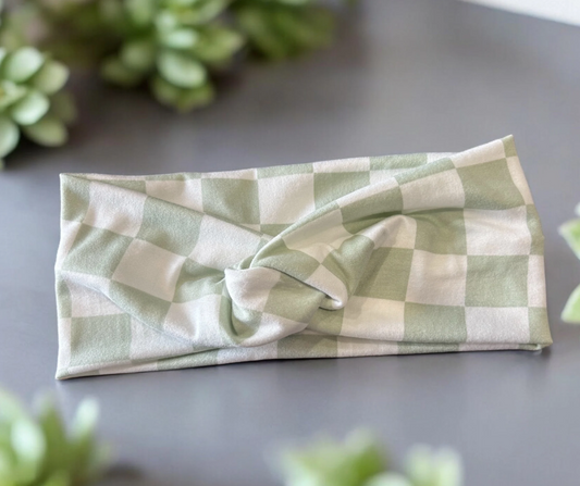 Green and White Checkered Extra Wide DBP Twisted Headband