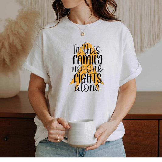 In This Family No One Fights Alone Childhood Cancer Short Sleeve Tee